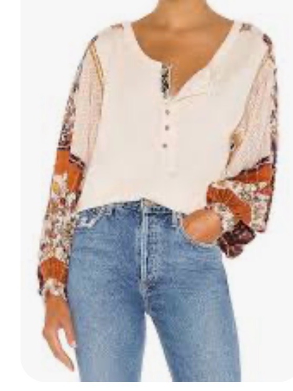 Free People Cream Henley Top with Rust and Maroon Patchwork Sleeves - Picture 10 of 12